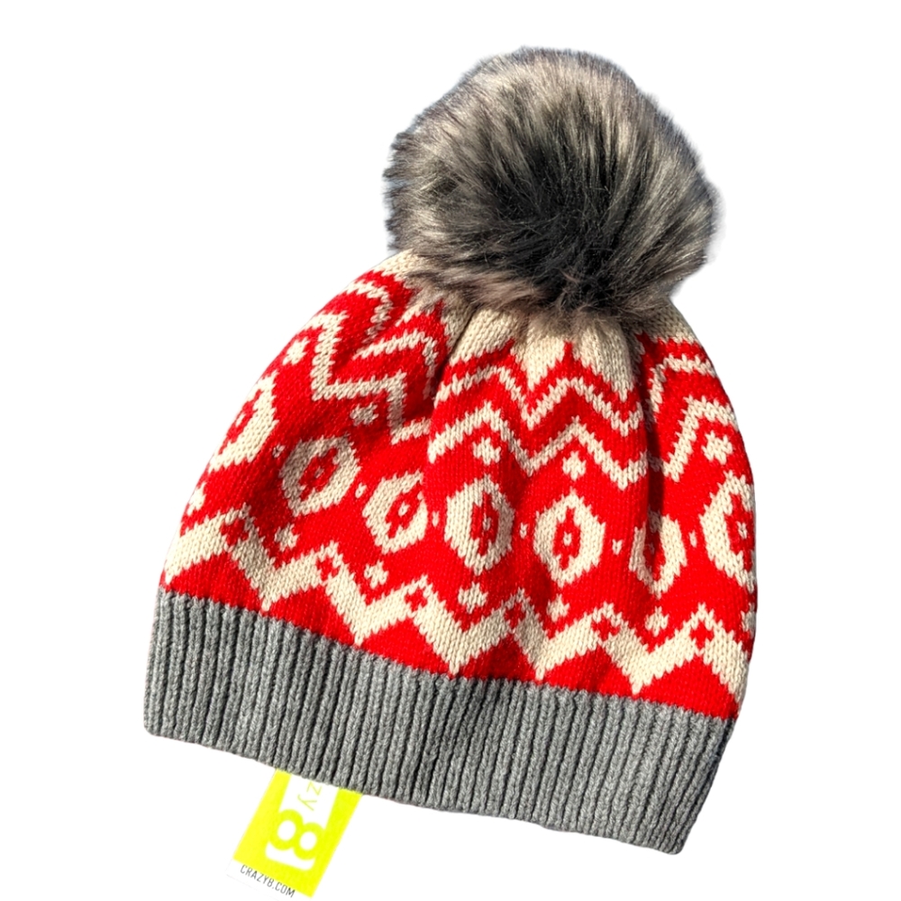 Crazy 8 12-24m Red/Natural Winter Print Beanie w/ PomPom